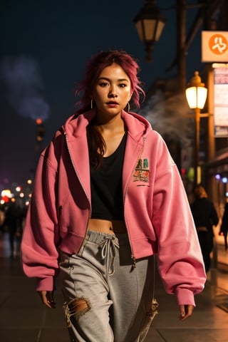 2 girls ,portrait full body Asian girl, pink hair wandering through the city, very beautiful girl,refined face, very detailed face, earrings and ear piercing, nose ring,  big Oversized white clothes, ( smoke:1.3) , textured garmenrs, big oversized sweatshirt with extrem detail on sleeves and front, Streetwear joggers with zipper details and stitching, different body poses, city square, by gaston bussiere, greg rutkowski, yoji shinkawa, yoshitaka amano, cinematic composition,night time, lights in back, Warm vibrant colors, extreme detail, style.