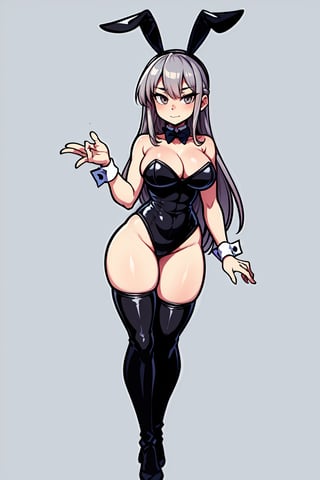 1GIRL, (thick_hips:0.8), black_eyes, gray_hair, long_hair, bunny_outfit, standing, looking_at_viewer, hand_holding, full_body, sexy, beautiful, perfect, attractive