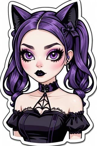 sticker_layout, sticker, vector art, goth girl, purple hair, double twintails hair, black lipstick, hoop earing, off-soulder doll dress, ((cat eyeliner)),