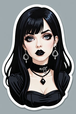 sticker_layout, bust, goth girl, long black hair, bangs hair, black lipstick, hoop earing, choker, black dress,