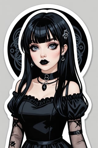 sticker_layout, bust, goth girl, long black hair, bangs hair, black lipstick, hoop earing, choker, black dress,