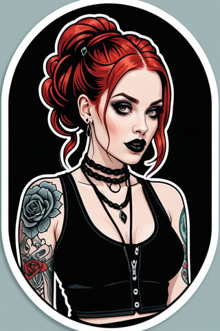 sticker_layout, sticker, vector art, goth girl, red hair, double braided hair, black lipstick, hoop earing, black cropped tanktop, tattooed,