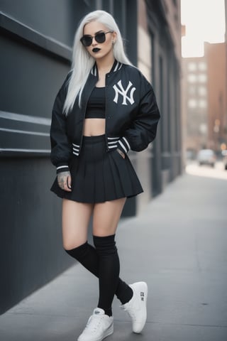 professional photoshot style, sharp focus, goth woman, long white hair, ((tattooed body)), ((tattooed face)), black lipstick, sunglasses, ((college jacket of New York Yankees)), black gathered skirt, black sneakers in Nike Air style, white crew socks, impressive photoshot, trending on fashion magazines, urban background, artgerm, ,fflixmj6, rich details, 8k, intricate details, atmospheric lighting, 35mm photograph, professional, highly detailed, high budget, moody, epic, gorgeous, proportional,