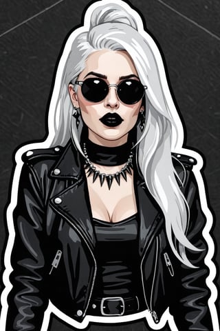 sticker_layout, bust, goth girl, long white hair, black lipstick, sunglasses, hoop earing, black leather jacket, spiked jacket,