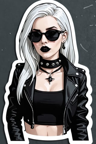 sticker_layout, bust, goth girl, long white hair, black lipstick, sunglasses, hoop earing, choker, black leather jacket, spiked jacket,