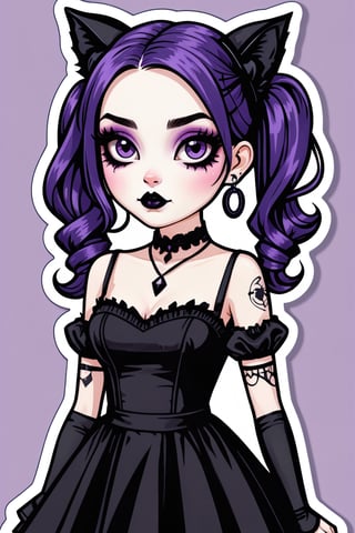 sticker_layout, sticker, vector art, goth girl, purple hair, double twintails hair, black lipstick, hoop earing, off-soulder doll dress, ((cat eyeliner)),