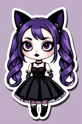 sticker_layout, sticker, vector art, goth girl, purple hair, double twintails hair, black lipstick, hoop earing, off-soulder doll dress, ((cat eyeliner)),