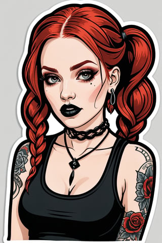 sticker_layout, sticker, vector art, goth girl, red hair, double braided hair, black lipstick, hoop earing, black cropped tanktop, tattooed,