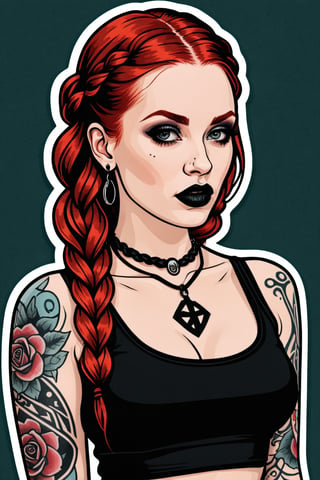 sticker_layout, sticker, vector art, goth girl, red hair, double braided hair, black lipstick, hoop earing, black cropped tanktop, tattooed,