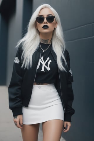 professional photoshot style, sharp focus, goth woman, long white hair, ((tattooed body)), ((tattooed face)), black lipstick, sunglasses, ((college jacket of New York Yankees)), black gathered skirt, black sneakers in Nike Air style, white crew socks, impressive photoshot, trending on fashion magazines, urban background, artgerm, ,fflixmj6, rich details, 8k, intricate details, atmospheric lighting, 35mm photograph, professional, highly detailed, high budget, moody, epic, gorgeous, proportional,