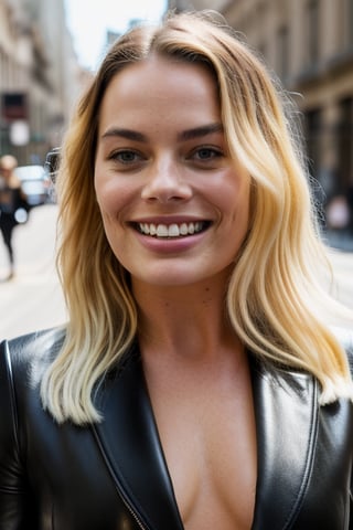 Closeup portrait of happy Margot Robbie wearing a black leather suit in a city street, sunny day, beautiful face, dramatic lighting, robbie,