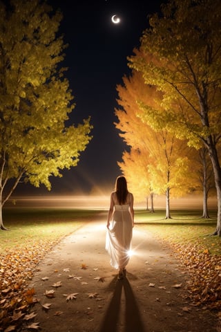 from bellow, in the night a professional photo of a mistery woman walking on a park in a beatifull night, light dust, flower, birds, windy day, ((leaves in the air:1.3)),poakl, high saturation, long white dress, dust, dense fog, (night:1.3), volumetric light, moon light