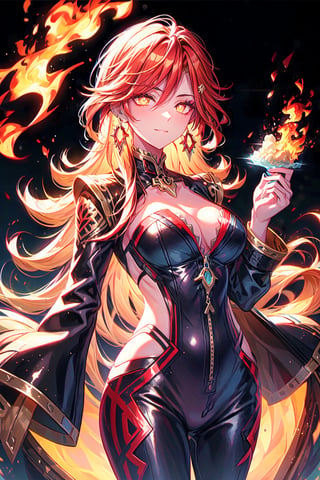 ((cowboy shot:1.5)), from bellow,  a 30 years old woman, red hair, flames in the hair, ((soft smile:1.3)), glowing eyes, fire particles, desert behind, starry sky,  jewelry, earrings, solo, long_hair, cleavage, single_earring,  multicolor_hair, symbol_shaped_pupils, full_body, eyewear_on_head, flames, pants