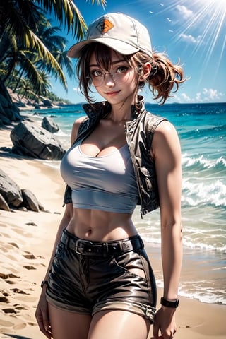 ((Alone:1.4)), ((Solo:1.4)), ((MEDIUM FULL SHOT:1.5)),realistic, masterpiece,best quality,High definition, (realistic lighting, sharp focus), high resolution, volumetric light, outdoors, dynamic pose, ,KOFKulaD, ((a 25 years old woman in the beach)),((thin waist, wide hips)), ((Huge breats:1.2)) ,FioDef, hair between eyes,fiodef, orange hair, hat, baseball cap, crop top, shorts, midriff, vest, navel, belt, short shorts, tank top, cleavage, brown shorts, looking away, ((shy smile)), light ray tracing