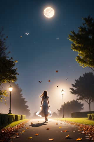 from bellow, in the night a professional photo of a mistery woman walking on a park in a beatifull night, light dust, flower, birds, windy day, ((leaves in the air:1.3)),poakl, high saturation, long white dress, dust, dense fog, (night:1.3), volumetric light, moon light, paled skin