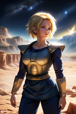 ,realistic, masterpiece,best quality,High definition, (sharp focus), high resolution, ((volumetric light)), outdoors, Cowboy shot, A 25 years old ((saiyan woman)), blonde hair, valley,  Saiyan armor, short hair,  blue eyes,  looking away, starry sky, detailer saiyan armor,  hair movement