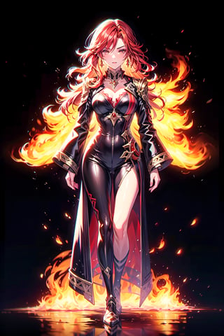 ((full body1.5)), a 30 years old woman, red hair, flames in the hair