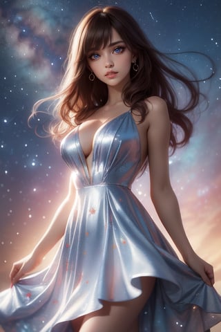 from behind, Masterpiece, Best Quality, Photorealistic, High Resolution, 8K Raw), smile, 1 girl, solo, long hair, (brown hair, bangs:1.1), big breasts, Light, busty and sexy girl, wearing a flowing dress with a starry sky pattern, starry dress, ((shy smile:1.5)), hair movement, brunette hair, juicy lips, tight dress, make up, looking away