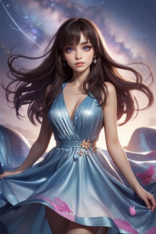 Masterpiece, Best Quality, Photorealistic, High Resolution, 8K Raw), smile, 1 girl, solo, long hair, (brown hair, bangs:1.1), big breasts, Light, busty and sexy girl, wearing a flowing dress with a starry sky pattern and flowers, starry dress, ((shy smile:1.5)), hair movement, brunette hair, juicy lips, tight dress, make up, looking away,kanamechidori, (petals:1.5), (Shooting Star behind:1.4)