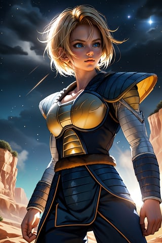 ,realistic, masterpiece,best quality,High definition, (realistic lighting, sharp focus), high resolution, ((volumetric light)), outdoors, Cowboy shot, A 25 years old ((saiyan woman)), blonde hair, valley,  Saiyan armor, short hair,  blue eyes,  looking away, starry sky, detailer saiyan armor, 