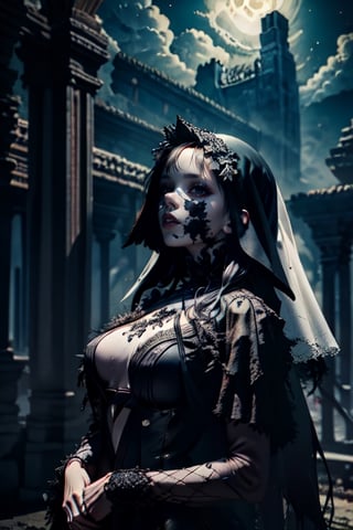 (masterpiece),A 30 years old girl, scary girl,  black hair, dark theme, large hair, lost face, white eyes,   absurdres, (absurdly detailed:1.2), floating hair, one piece dress, black dress, (((fractal skin))) , ((medium full shot:1.2)), (((black veil))),gothic city, pale skin,. looking away, ,horror, light fog, starry_night