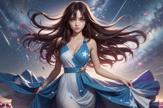  (alone:1.5),Masterpiece, Best Quality, Photorealistic, High Resolution, 8K Raw), smile, 1 girl, solo, long hair, (brown hair, bangs:1.1), big breasts, Light, busty and sexy girl, wearing a flowing dress with a starry sky pattern and flowers, starry dress, ((shy smile:1.5)), hair movement, brunette hair, juicy lips, tight dress, make up, looking away,kanamechidori, (petals:1.5), (Shooting Star behind:1.4)