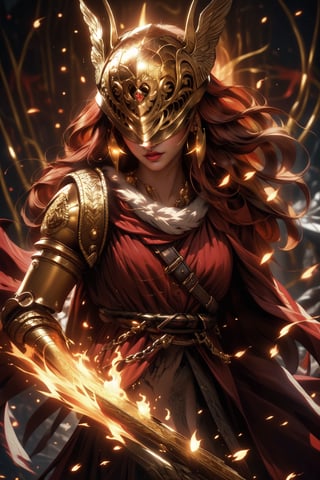 ((medium full shot:1.5)), (masterpiece, best quality:1.1),fantasy, intricate, illustration ,soft lighting, specular lighting, extremely detailed, hyper detailed, realistic, perfect face, ,sharp focus, (4k), 1girl, malenia blade of miquella, castle background, ((covered eyes)),((winged helmet)), (golden particles effect:1.4),(red flames of rot:1.2),midjourney, close, red hair,