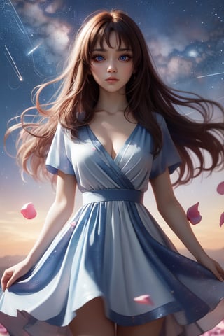 Masterpiece, Best Quality, Photorealistic, High Resolution, 8K Raw), smile, 1 girl, solo, long hair, (brown hair, bangs:1.1), big breasts, Light, busty and sexy girl, wearing a flowing dress with a starry sky pattern and flowers, starry dress, ((shy smile:1.5)), hair movement, brunette hair, juicy lips, tight dress, make up, looking away,kanamechidori, (petals:1.5), (Shooting Star behind:1.4)