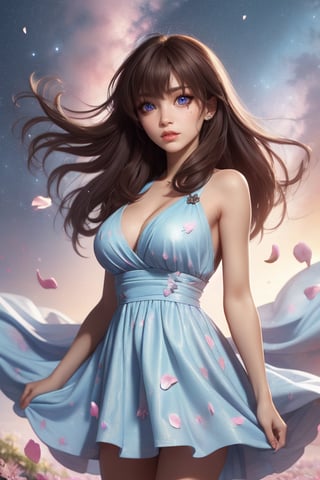 Masterpiece, Best Quality, Photorealistic, High Resolution, 8K Raw), smile, 1 girl, solo, long hair, (brown hair, bangs:1.1), big breasts, Light, busty and sexy girl, wearing a flowing dress with a starry sky pattern and flowers, starry dress, ((shy smile:1.5)), hair movement, brunette hair, juicy lips, tight dress, make up, looking away,kanamechidori, (petals:1.5)