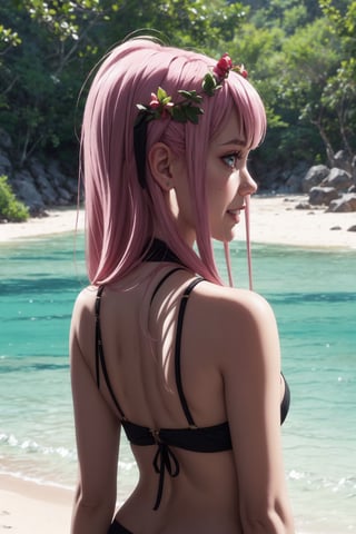 (side view),((alone:1.5)). ((Solo:1.5)), ((MEDIUM FULL SHOT:1.5)),realistic, masterpiece,best quality,High definition, , high resolution,,A 25 years old woman in the beach, zero_two, outdoors, SFW, pink bikini, portrait, park,   professional lighting, Pink hair, long hair,  ((shy smile )), medium breats, hourglass body,raytracing, pastelbg, posing