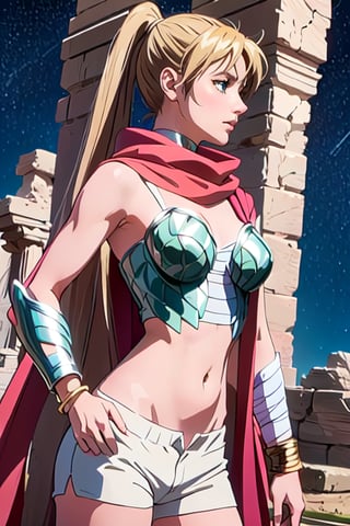 masterpiece, best quality, high quality details, 1girl, solo, armor, long hair, blonder hair, ponytail, green eyes, red scarf, belly button, bandages, white shorts,choker, bracelet, greek ruins, looking away, starry sky, breats