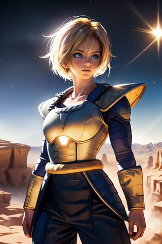 ,realistic, masterpiece,best quality,High definition, (realistic lighting, sharp focus), high resolution, ((volumetric light)), outdoors, Cowboy shot, A 25 years old ((saiyan woman)), blonde hair, valley,  Saiyan armor, short hair,  blue eyes,  looking away, starry sky, detailer saiyan armor, 