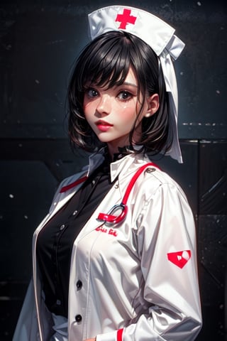 (((medium full shot:1.5))), Best quality, masterpiece, A girl, full White nurse dress, ((detailed face:1.2, detailed lips:1.2)), black hair, short hair, nurse coat,pysco face,  large breats, taned skin, a morge background, gloomy place, light fog, (((dark theme)), 