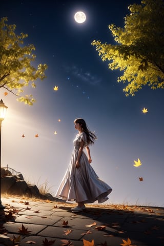 from bellow, in the night a professional photo of a mistery woman walking on a park in a beatifull night, light dust, flower, birds, windy day, ((leaves in the air:1.3)),poakl, high saturation, long white dress, dust, dense fog, (night:1.3), volumetric light, moon light, paled skin