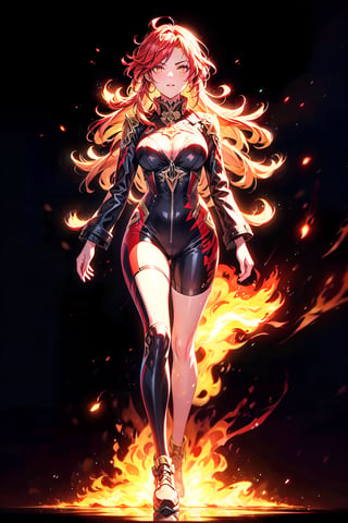 ((full body1.5)), a 30 years old woman, red hair, flames in the hair, focus face, glowing eyes, fire particles