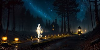 (((solo,:1.2,Alone:1.2))),1girl, ghost female, hide face, floating body,large breats, walking on cementery, light fog, night, halloween_2019, halloween pumpkins, starry_night, lights, night, faint glow on the body 