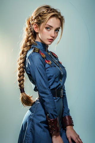 Medium full shot of a woman, CAMMY, braided hair,  soft smile, looking at viewer, gradient  blue background, militar dress