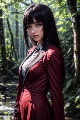 ((alone:1.5)). ((Solo:1.5)), ((MEDIUM FULL SHOT:1.5)),realistic, masterpiece,best quality,High definition, , high resolution,,A 25 years old woman, yumeko jabami, blazer, looking at viewer, smug, smile,pastelbg, outdoors, park, lake, trees, sun raytracing , long hair, brunette hair, red dress, hair movement, ((shy smile)), 