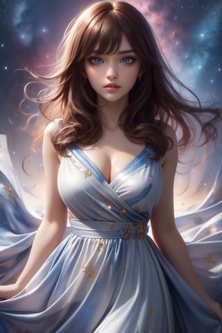 Masterpiece, Best Quality, Photorealistic, High Resolution, 8K Raw), smile, looking at viewer, upper body, 1 girl, solo, long hair, (brown hair, bangs:1.1), big breasts, Light, busty and sexy girl, wearing a flowing dress with a starry sky pattern, starry dress, ((shy smile:1.5)), hair movement