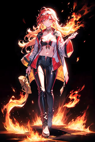 ((full body1.5)), from bellow,  a 30 years old woman, red hair, flames in the hair, ((soft smile:1.3)), glowing eyes, fire particles, desert behind, starry sky,  jewelry, earrings, solo, long_hair, cleavage, single_earring,  multicolor_hair, symbol_shaped_pupils, full_body, eyewear_on_head, flames, pants