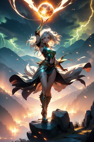 A mystical sorceress stands atop a misty mountain peak, her long silver hair whipping in the wind as she grasps a glowing Thunder Orb. The orb's electric blue light illuminates her piercing green eyes and radiates an aura of powerful magic. Framed by a dramatic rocky outcropping, the scene is bathed in a warm golden light, with dark stormy clouds gathering in the background. short hair, white hair, focus face