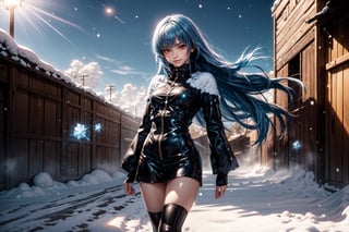 ((Alone:1.4)), ((Solo:1.4)), ((MEDIUM FULL SHOT:1.5)),realistic, masterpiece,best quality,High definition, (realistic lighting, sharp focus), high resolution,volumetric light, outdoors, dynamic pose, ,KOFKulaD, long hair, blue hair, red eyes, bangs, desert, noon, intense and shimmering sunlight, shy smile, Ice Particles, snow storm, focus face