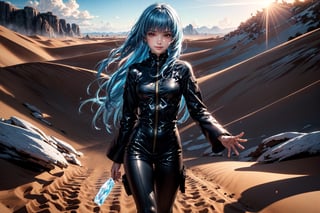 ((Alone:1.4)), ((Solo:1.4)), ((MEDIUM FULL SHOT:1.5)),realistic, masterpiece,best quality,High definition, (realistic lighting, sharp focus), high resolution,volumetric light, outdoors, dynamic pose, ,KOFKulaD, long hair, blue hair, red eyes, bangs, desert, noon, intense and shimmering sunlight, shy smile, Ice Particles