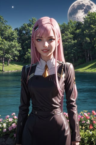 ((alone:1.5)). ((Solo:1.5)), ((MEDIUM FULL SHOT:1.5)),realistic, masterpiece,best quality,High definition, , high resolution,,A 25 years old woman, zero_two, outdoors, SFW, portrait, park,   professional lighting, moon, Pink hair, long hair, looking away, ((shy smile )), medium breats, hourglass body, flowers, lake, raytracing, short skirt