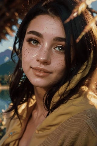 (best quality,8k,highres,masterpiece:1.2),photorealistic,ultra-detailed,vibrant photography of a woman in nature, cute smile,dramatic lighting,finely detailed beautiful eyes,fine detailed skin,Natural scenery,majestic landscape,colorful flowers,distant mountains,flowing rivers,melting sunset,serene atmosphere,dazzling sunlight,blissful vibes,freckled face,luscious greenery,soft breeze,ethereal beauty,Detailedface