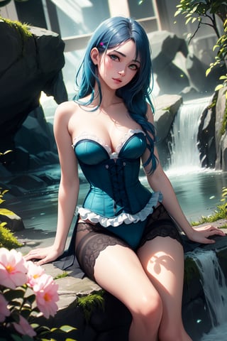 (realistic:1.2), (masterpiece, best quality, ultra-detailed), (beautiful detailed face, beautiful detailed eyes, volumetric lighting),1 hot girl, solo, (dutch angle:1.3), (blue hair, grey eyes:1.4), small breasts, showing pussy,perm hair, (aquamarine panty, teal bustier:1.2), monocle,mksks style, (beautiful detailed hill, noon:1.2), (light particles, lens flare, chromatic aberration:1.3),