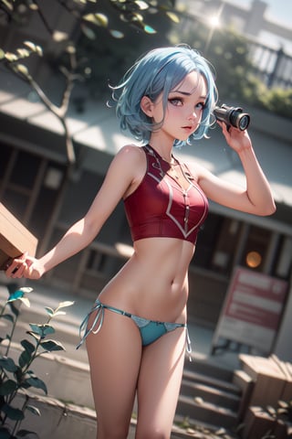 (realistic:1.2), (masterpiece, best quality, ultra-detailed), (beautiful detailed face, beautiful detailed eyes, volumetric lighting),1 hot girl, solo, (dutch angle:1.3), (blue hair, grey eyes:1.4), small breasts, showing pussy,perm hair, (aquamarine panty, teal bustier:1.2), monocle,mksks style, (beautiful detailed hill, noon:1.2), (light particles, lens flare, chromatic aberration:1.3),