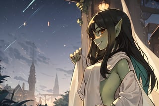 female green skin goblin,(colored skin, green_skin), (dark hair, black_hair, hime_cut, long_hair), golden_eyes, 1girl, solo_female, best quality, freckles, smile, (cleric clothes, white robes) gobgirlz, looking at the night sky,ARTby Noise, side view, Night scene