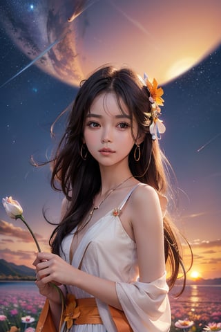 filipina beauty  holdingfan flower sunset background flower background year1995 stars background Masterpiece sky, universe angle, upper body, (brighteyes:1.1)