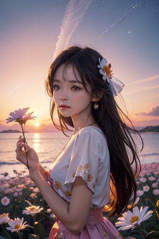 filipina beauty  holdingfan flower sunset background flower background year1995 stars background Masterpiece sky, universe angle, upper body, 